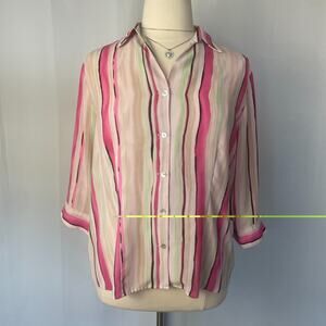 Dress Barn Blouse Plus Size 1X White Pink Green Stripe Button Long Sleeve Office